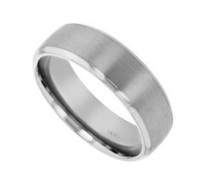 A white gold ring with a emery finish and a polished edge, perfect for men, engraved with small text inside reading "MDT", ideal as one of Melbourne's finest wedding bands.
