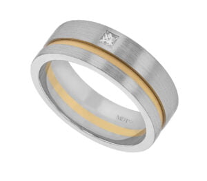 A white gold and yellow gold wedding band with a small square diamond set in the centre and the letters "MDT" engraved on the inside, perfect for men in Melbourne.