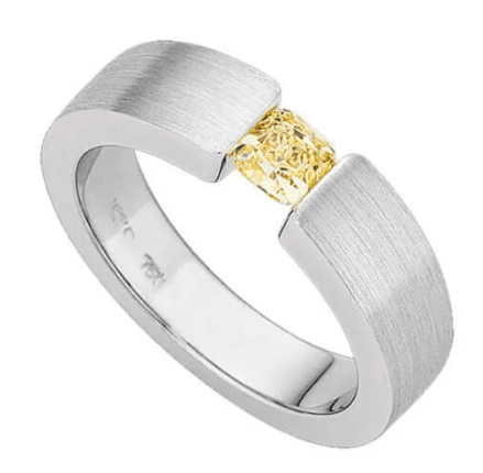 A White Gold ring with a brushed finish, featuring a single Yellow Diamond set in the centre.