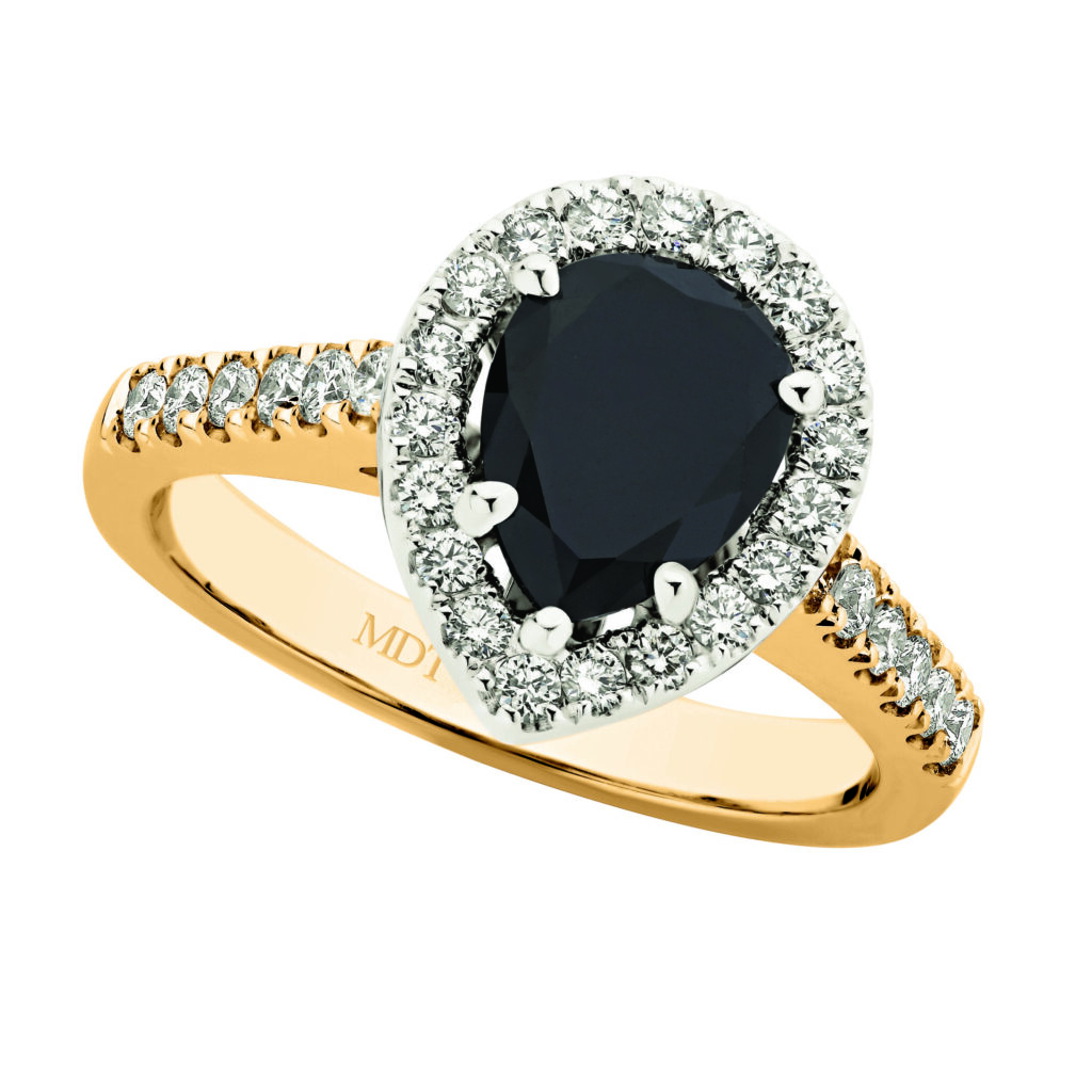 Pear Shape Black Diamond Halo in Yellow Gold