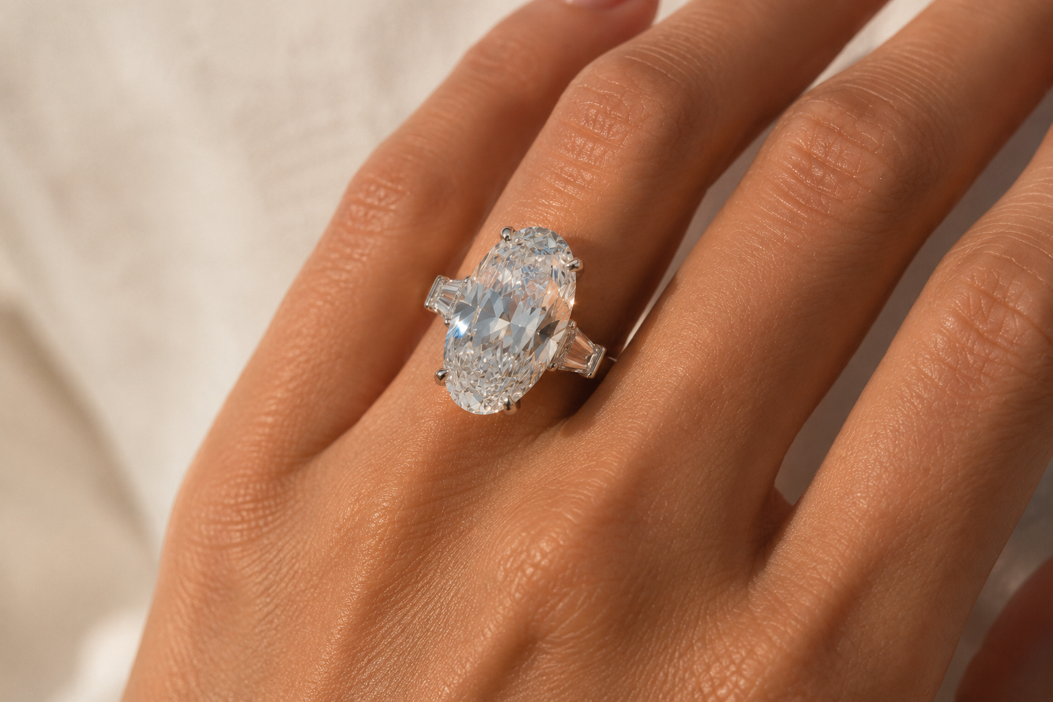 Jeweller’s interpretation of Cristiano Ronaldo’s engagement ring, featuring a large oval-cut diamond with tapered diamond side stones set in white metal.