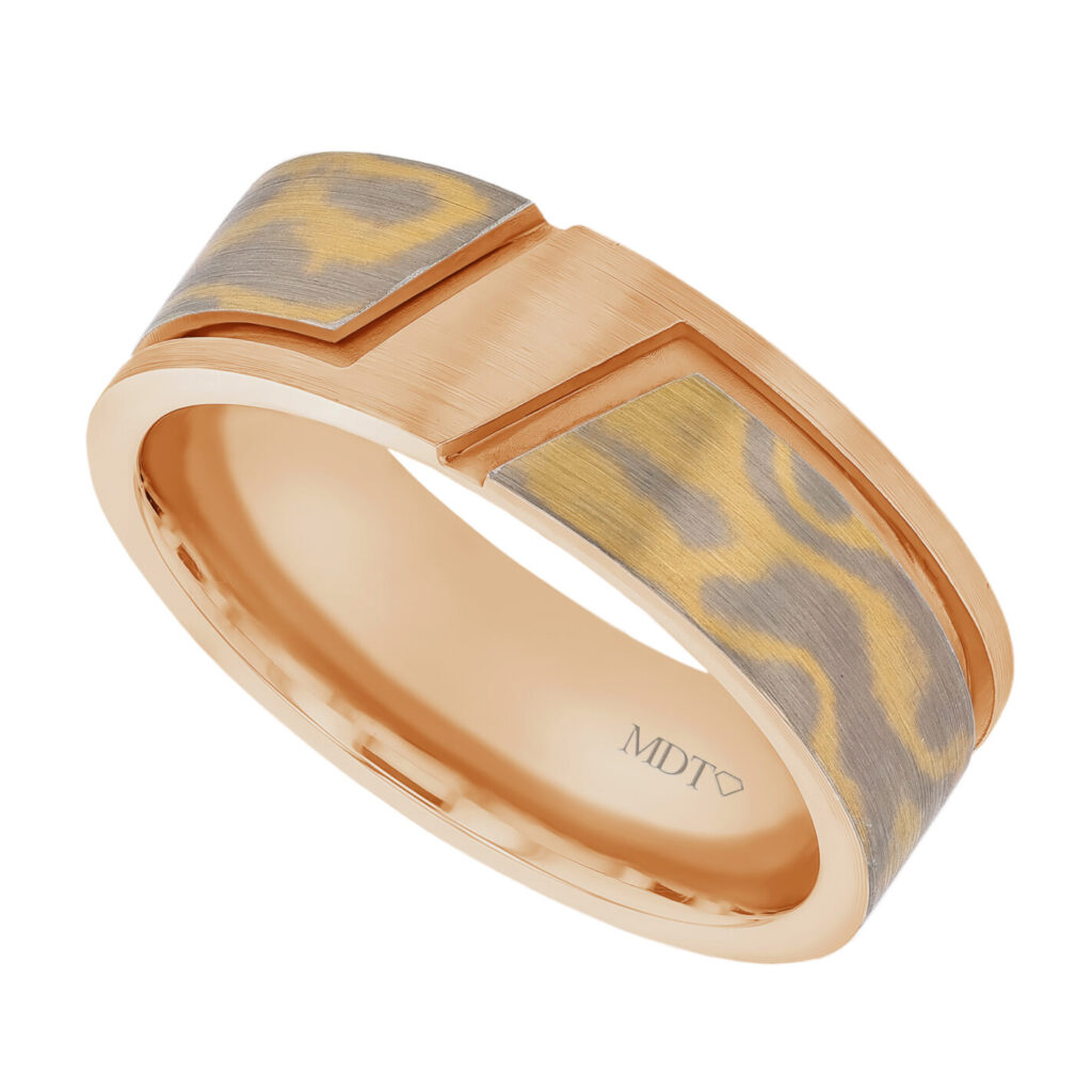 Mokume Gane Angled Groove Ring in Rose Gold