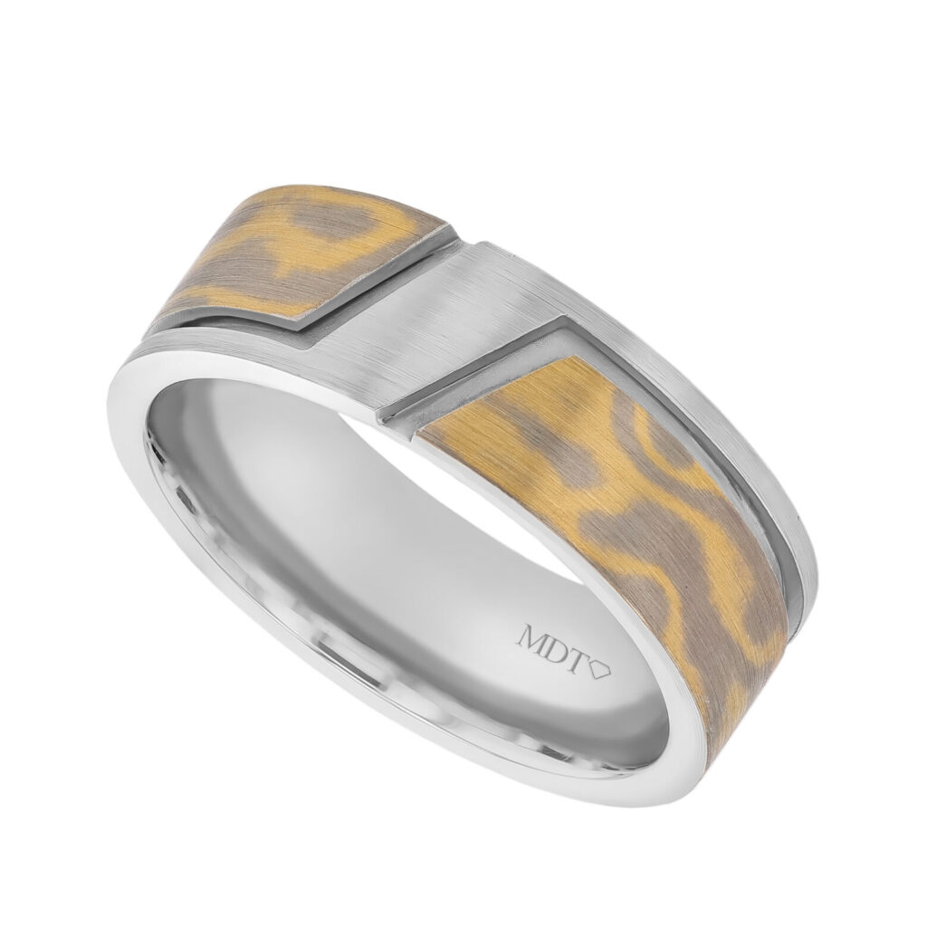 Mokume Gane Angled Groove Ring in White Gold