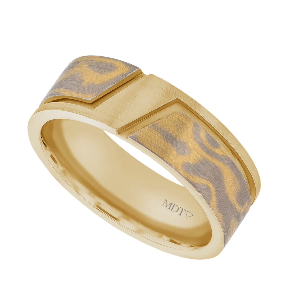 Mokume Gane Angled Groove Ring in Yellow Gold