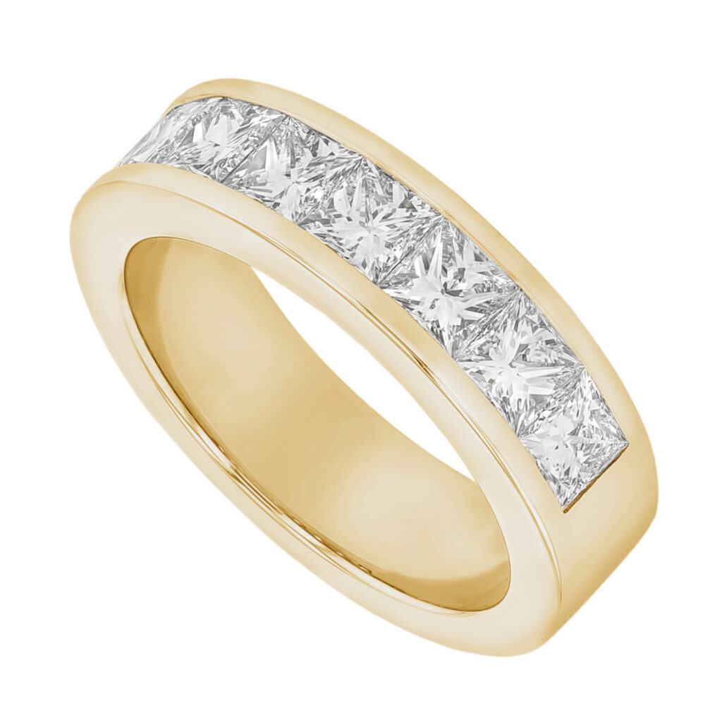 Channel Set with Large Princess Cut Diamonds in Yellow Gold