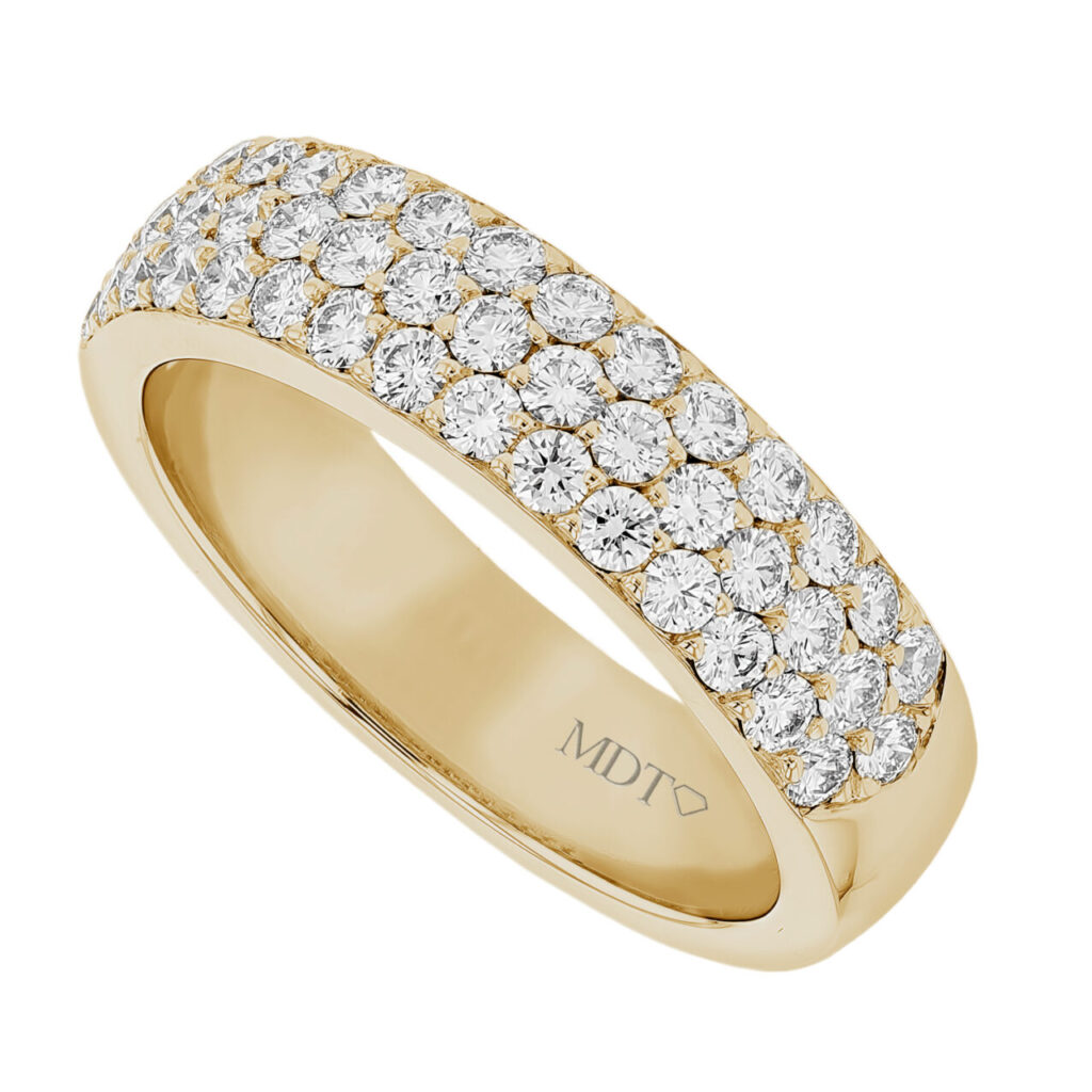 Three Row Pave Set Diamond Ring in Yellow Gold