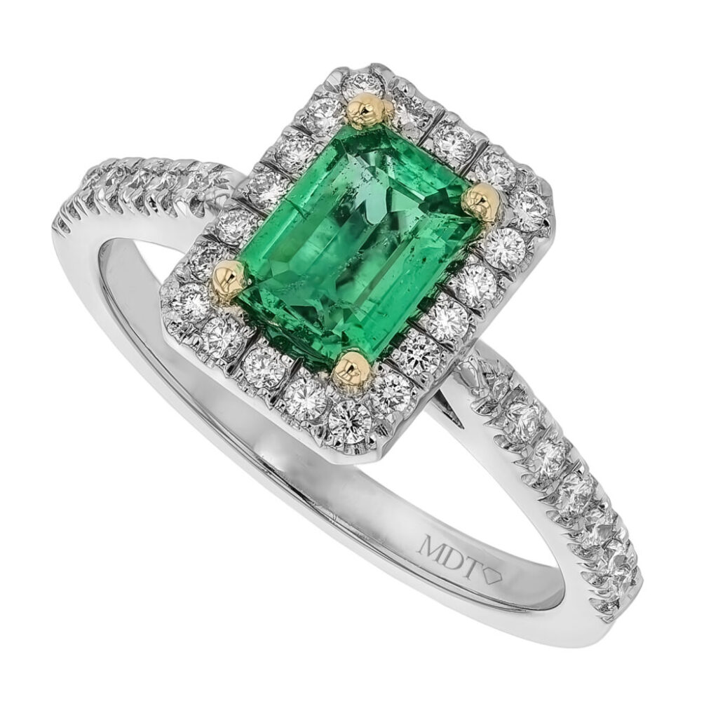 Emerald Ring with Diamond Halo in Platinum C1219