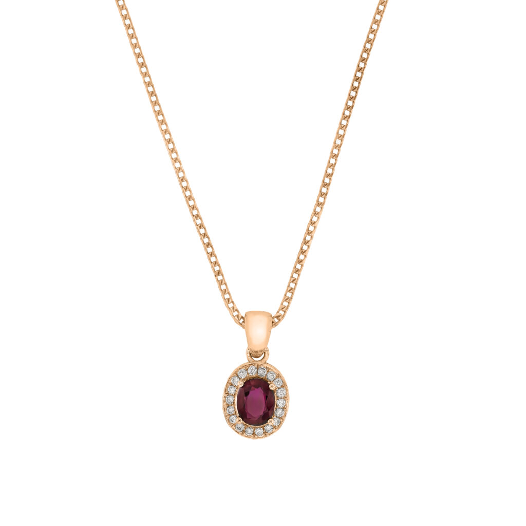 Oval Ruby and Diamond Halo Necklace in Rose Gold C1053