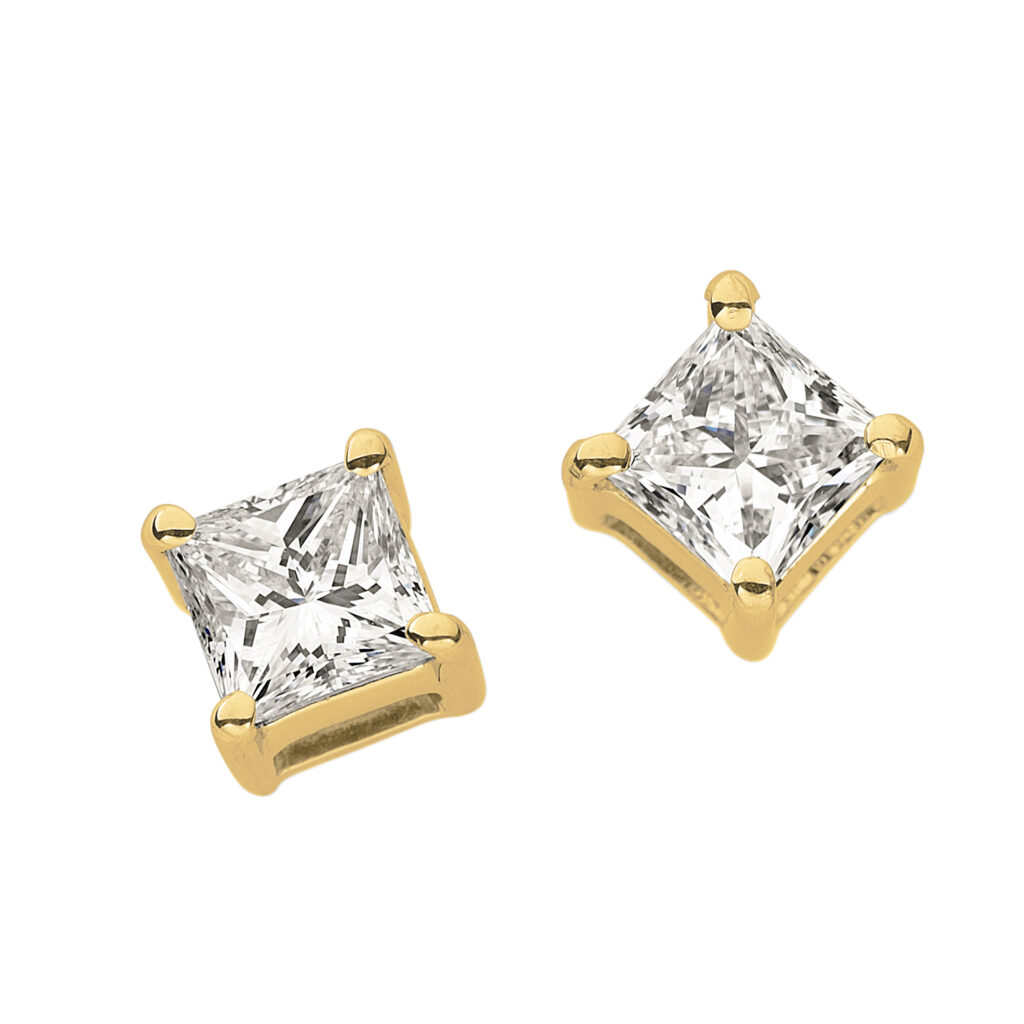 Yellow Gold Princess Cut Diamond Stud Earrings C634