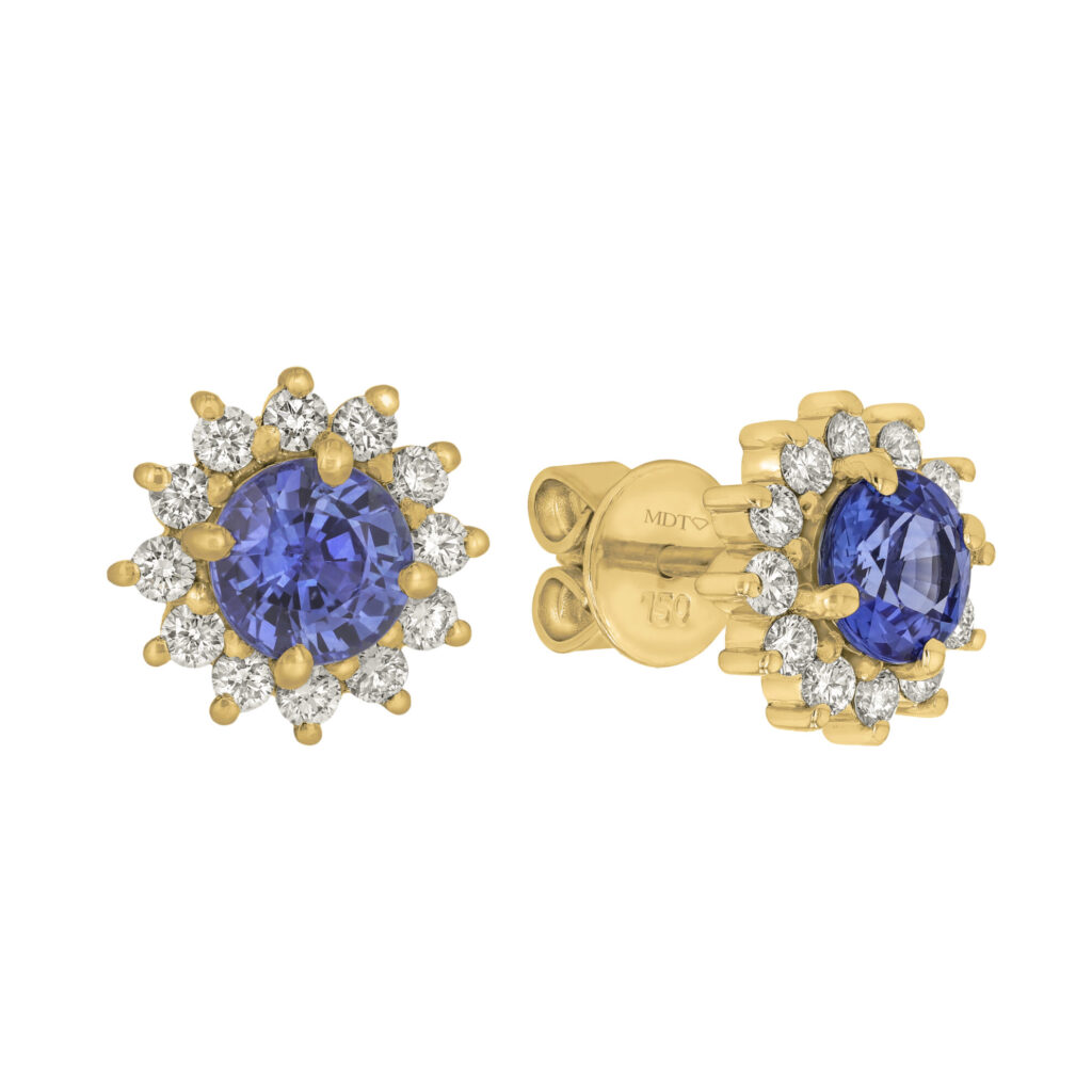 Blue Sapphire and Diamond Halo Earrings in Yellow Gold - C1098
