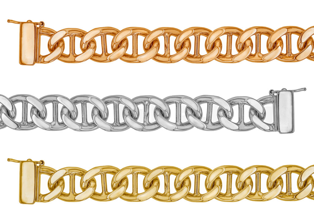 Three elegant 18ct gold chains displayed side by side, featuring yellow gold, white gold, and rose gold finishes, showcasing the rich tones and polished craftsmanship of MDT DESIGN’s handmade jewellery.