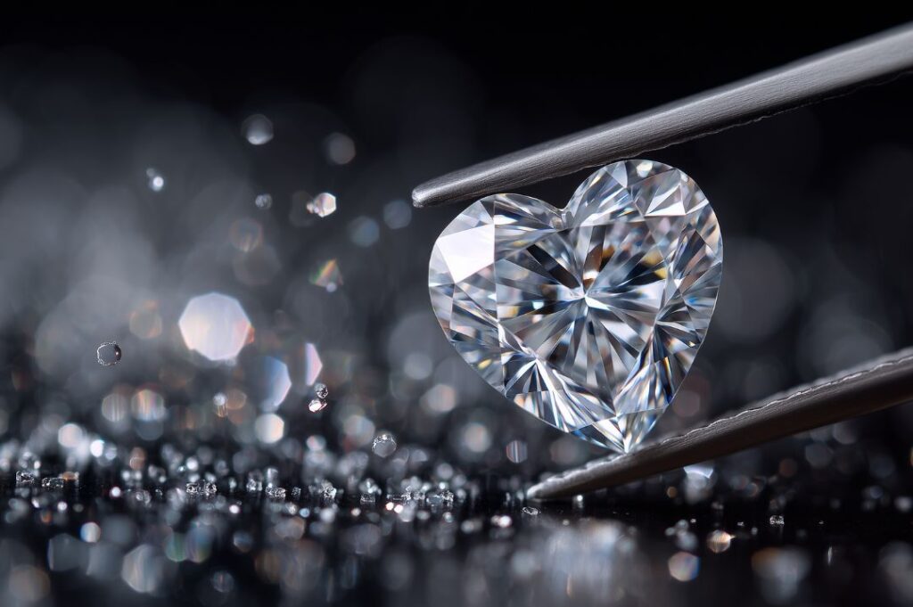 a heart shape diamond held in some diamond tweezers by a jeweller