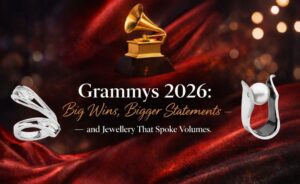 grammys 2026 award winning jewellery. featuring a luxurious red carpet aesthetic, the title on the screen reads 'Grammys 2026: Big Wins, Bigger Statements - and jewellery that speaks volumes'