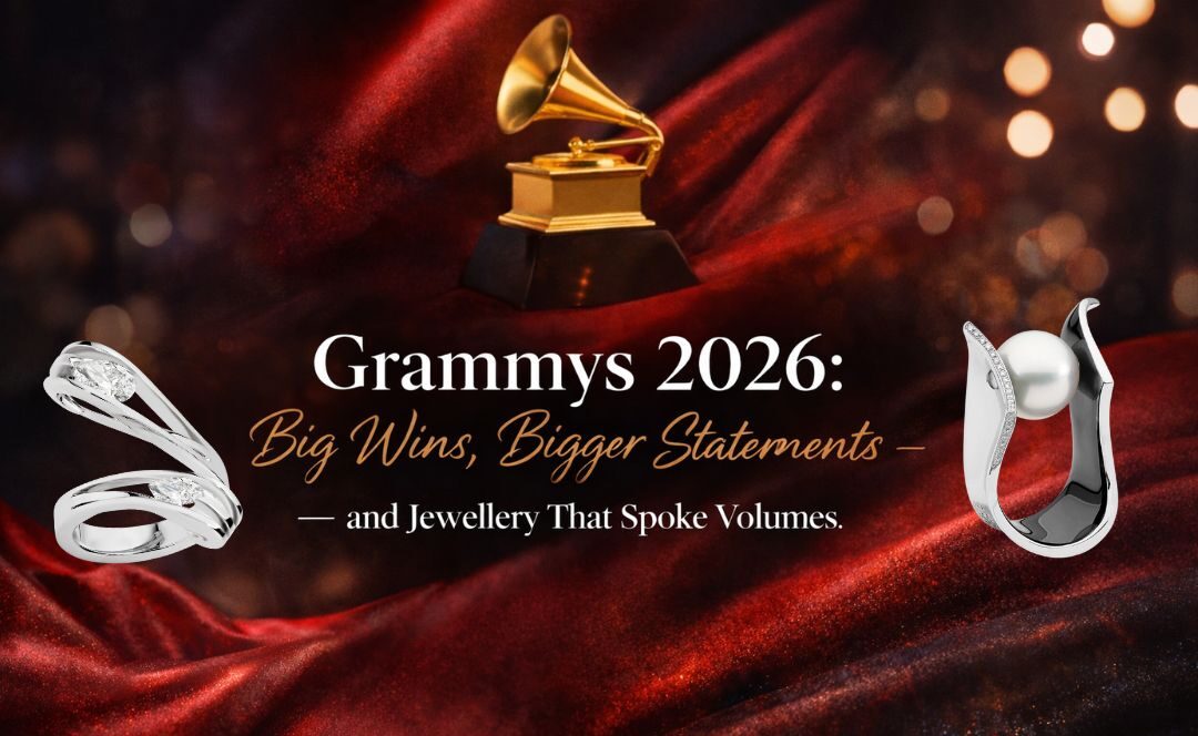 grammys 2026 award winning jewellery. featuring a luxurious red carpet aesthetic, the title on the screen reads 'Grammys 2026: Big Wins, Bigger Statements - and jewellery that speaks volumes'