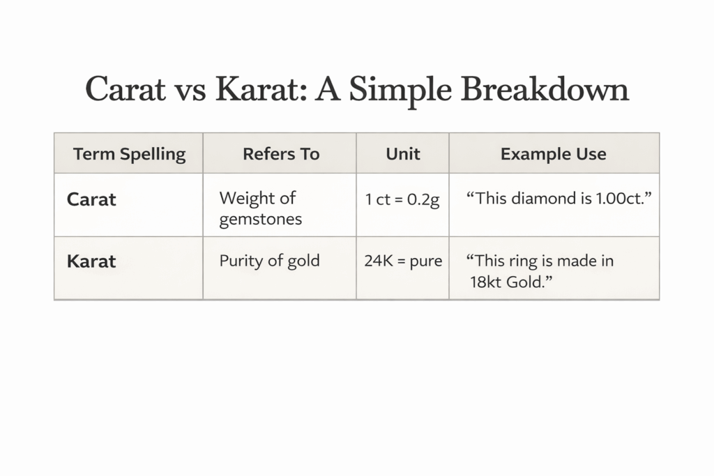 Carats vs Karats Explained, a table comparing the differences and similarities between kt and ct