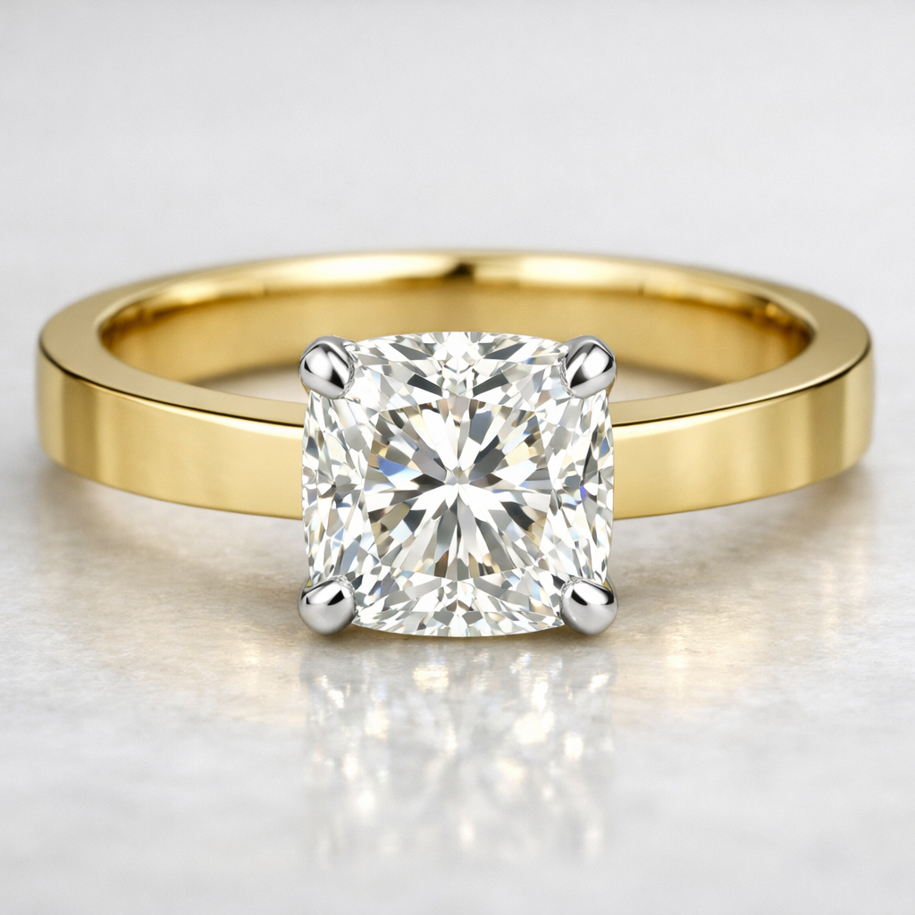 Render of a classic engagement ring design mock-up, featuring a flat yellow gold band and an estimated 2–2.5 carat square cushion-cut diamond in white claws, inspired by limited images of Ada Nicodemou’s engagement ring.