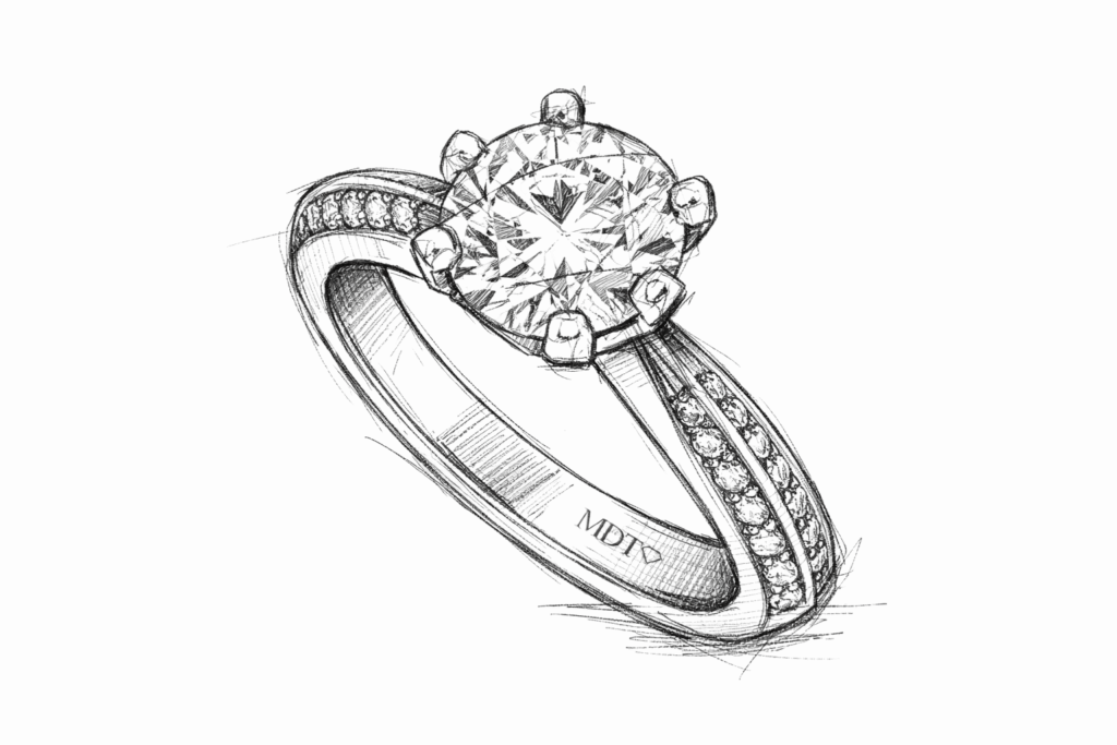 Jeweller’s hand-drawn sketch of a round brilliant cut diamond engagement ring with pavé set diamond band detail, created in a Melbourne workshop - architectural jewellery design featured in Melbourne Fashion Festival blog.