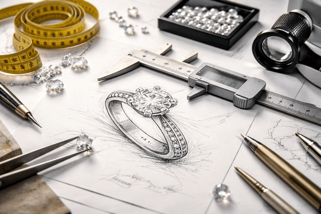 Melbourne jeweller’s workspace featuring hand-drawn engagement ring sketches, calipers, measuring tape, loose diamonds and traditional bench tools - architectural jewellery design concept for Melbourne Fashion Festival blog.