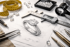 Melbourne jeweller’s workspace featuring hand-drawn engagement ring sketches, calipers, measuring tape, loose diamonds and traditional bench tools - architectural jewellery design concept for Melbourne Fashion Festival blog.