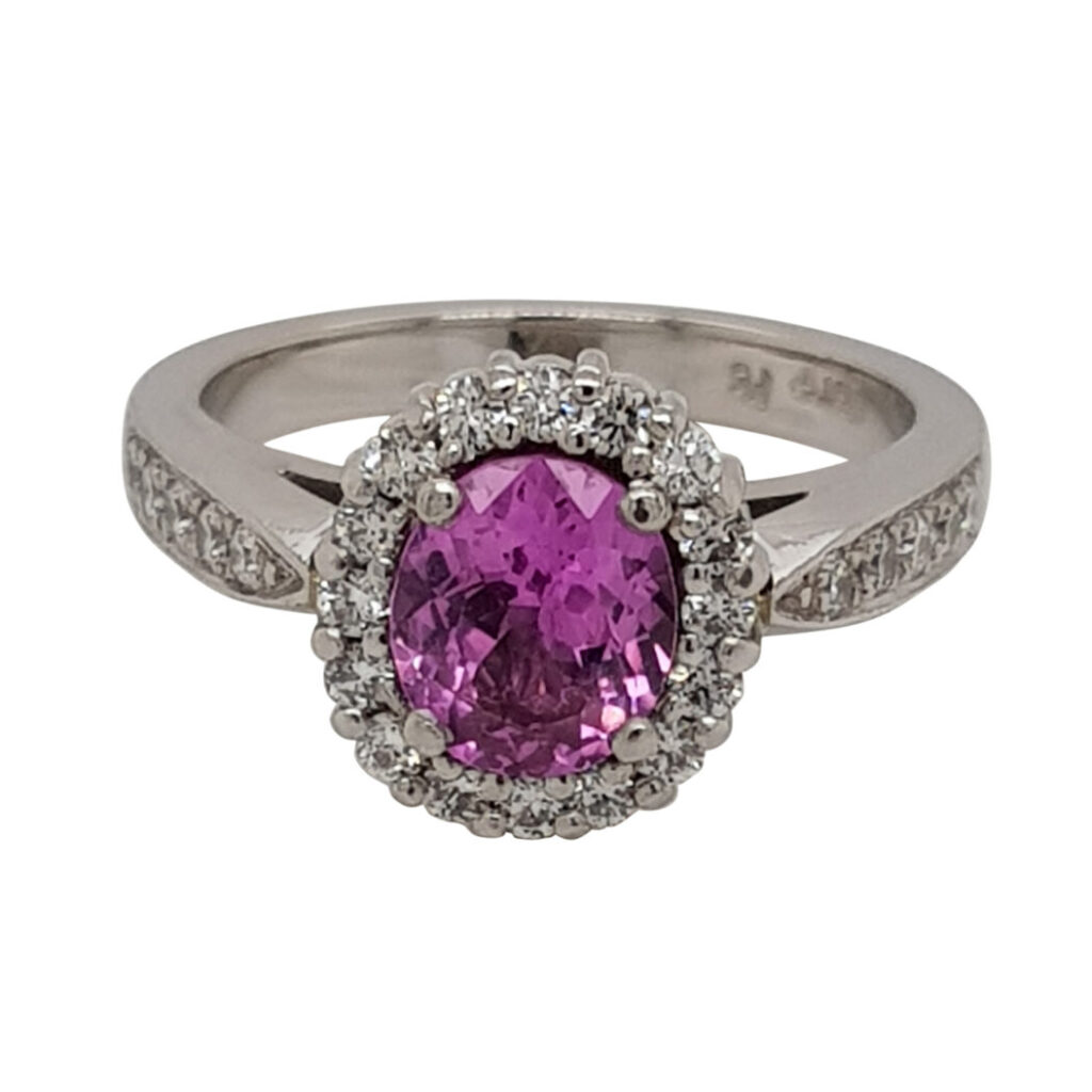 Custom Pink Sapphire & Diamond Halo Engagement Ring