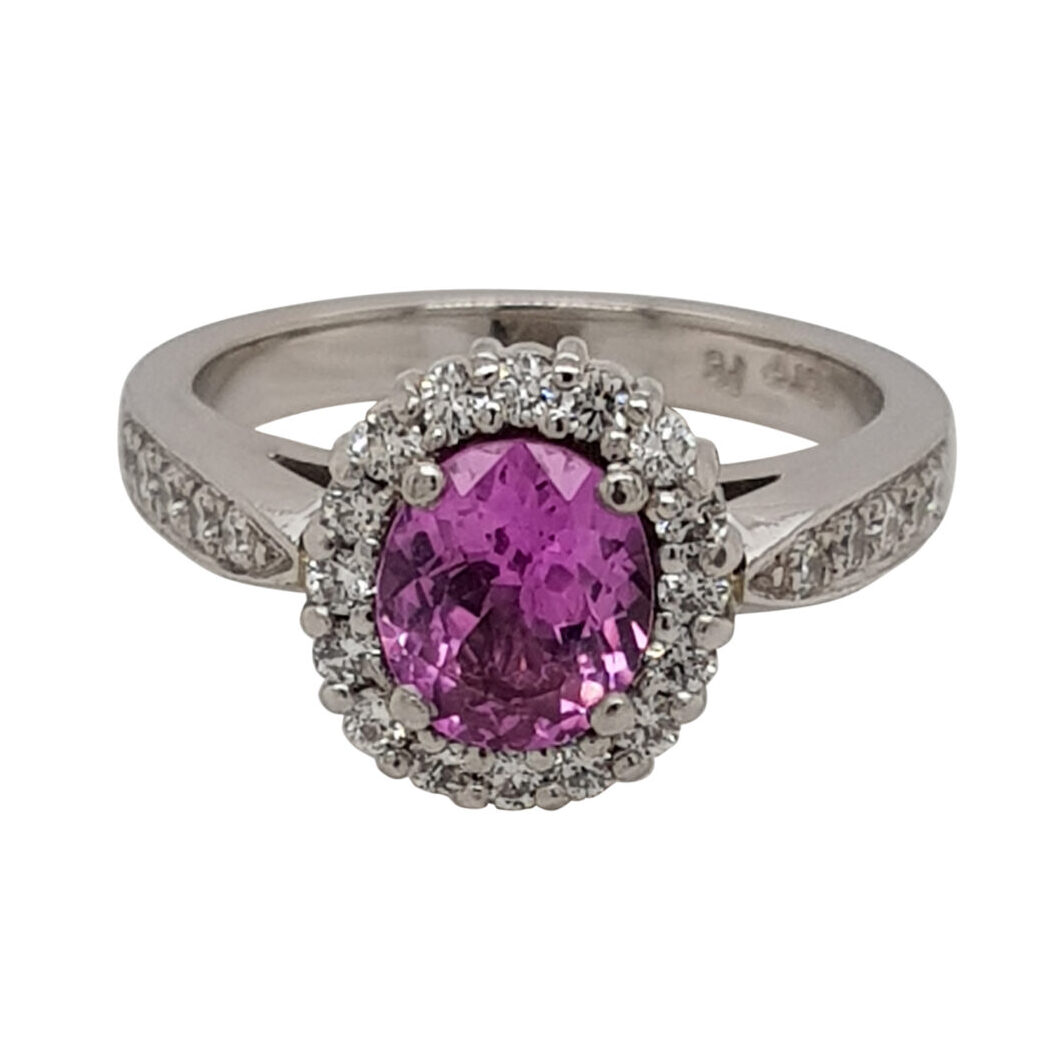 Custom Pink Sapphire & Diamond Halo Engagement Ring