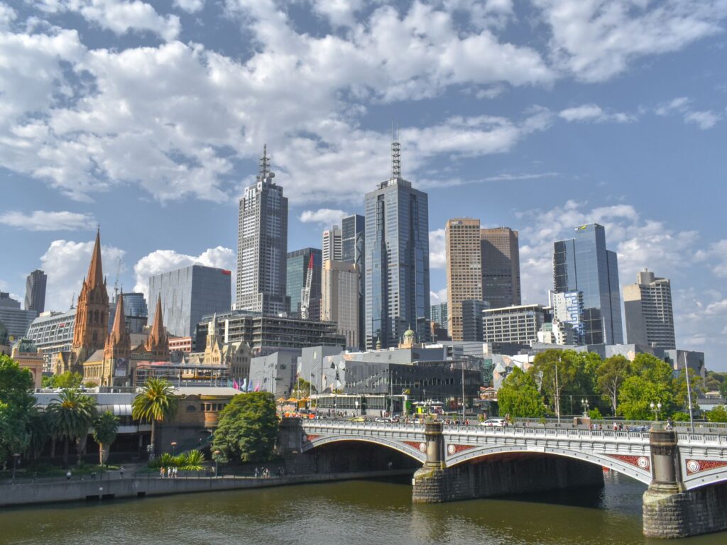 Southbank Melbourne skyline with the Yarra River, Princes Bridge and Melbourne CBD buildings.