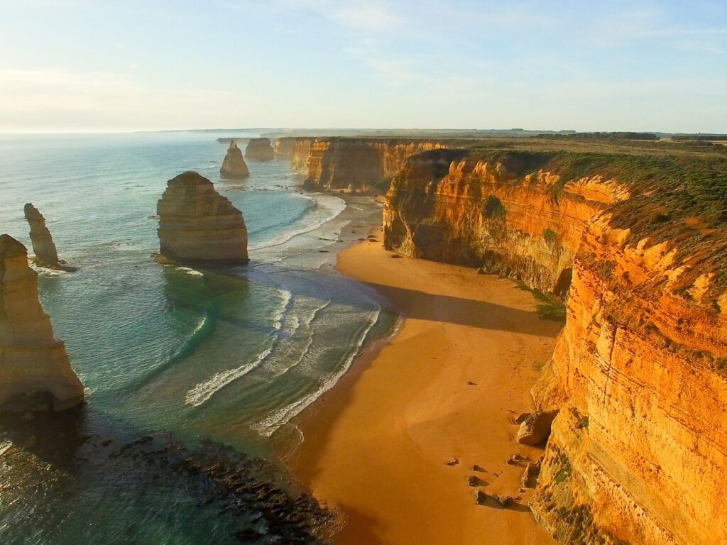 The Twelve Apostles limestone stacks along the Great Ocean Road coastline in Victoria.