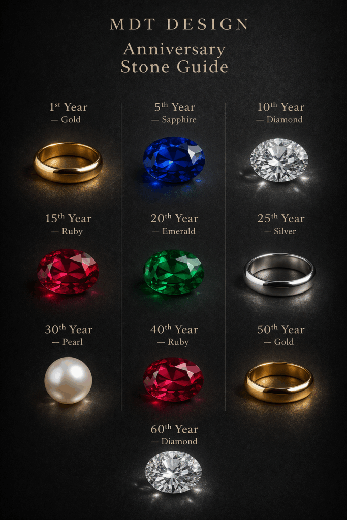 A luxury anniversary stone guide featuring milestone years paired with gemstones and precious metals, including gold, sapphire, diamond, ruby, emerald, silver, and pearl, displayed in an elegant MDT DESIGN-inspired layout on a dark background.