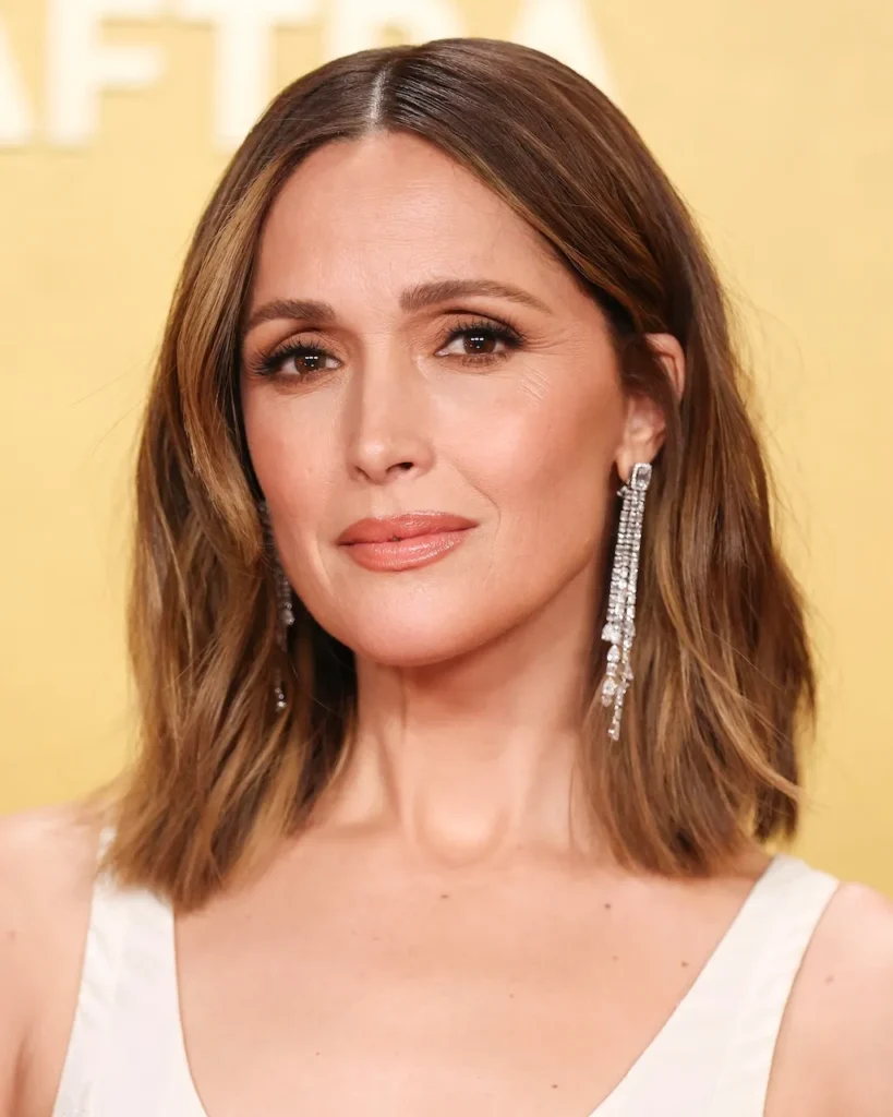 Close Up of Rose Byrne wearing cascading diamond drop earrings featuring cushion, pear and marquise cut diamonds at the Actor Awards.
