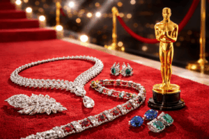 Red carpet jewellery display with diamond necklace, gemstone bracelet and Oscar statuette representing Oscars 2026 jewellery trends