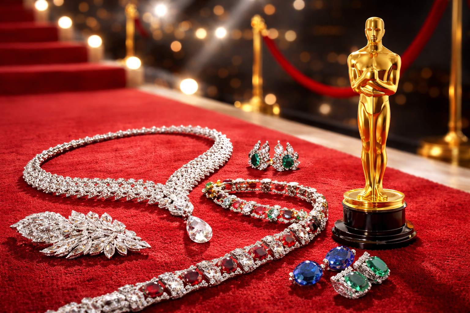 Red carpet jewellery display with diamond necklace, gemstone bracelet and Oscar statuette representing Oscars 2026 jewellery trends