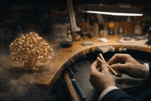 Gold casting tree with multiple unfinished ring settings placed on a jeweller’s workbench, beside a craftsman’s hands holding solid gold bars under warm workshop lighting.