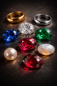 A high-end arrangement of luxury gemstones on a dark textured surface, featuring a central round diamond surrounded by sapphire, emerald, ruby, opal, pearl, and additional coloured gemstones, alongside polished gold and silver bands, captured in dramatic lighting to highlight depth, brilliance, and material richness.