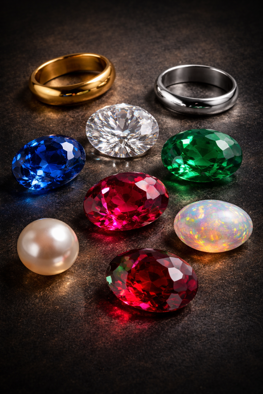 A high-end arrangement of luxury gemstones on a dark textured surface, featuring a central round diamond surrounded by sapphire, emerald, ruby, opal, pearl, and additional coloured gemstones, alongside polished gold and silver bands, captured in dramatic lighting to highlight depth, brilliance, and material richness.