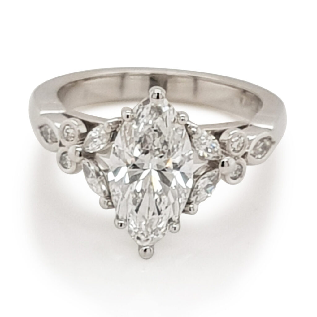 Custom Unique Marquise Diamond Engagement Ring with Diamond Shoulders