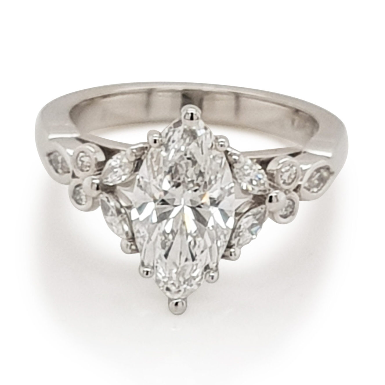 Custom Unique Marquise Diamond Engagement Ring with Diamond Shoulders