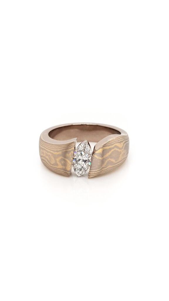 Custom Mokume Gane Marquise Diamond Engagement Ring