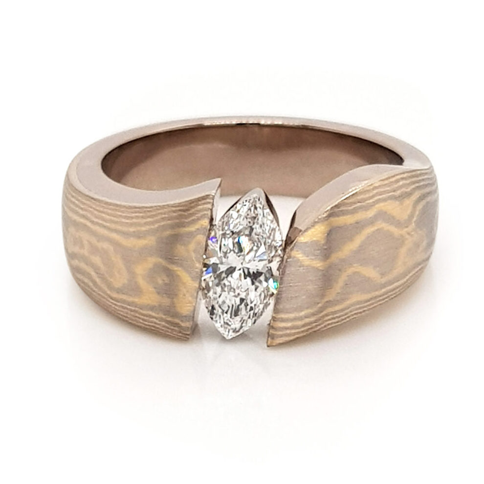 Custom Mokume Gane Marquise Diamond Engagement Ring