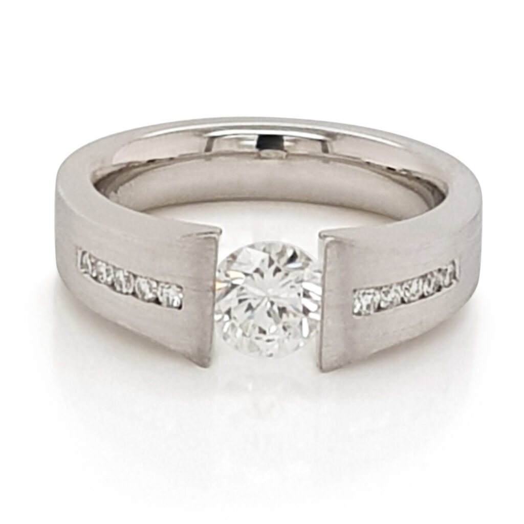 Custom Tension Set Diamond Engagement Ring with Shoulder Diamonds