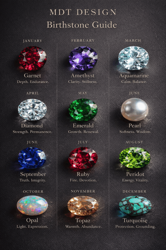 A luxury MDT DESIGN birthstone chart displayed on a dark textured background, featuring twelve high-resolution gemstones arranged in a grid by month. Each stone—such as garnet, amethyst, aquamarine, diamond, emerald, pearl, ruby, peridot, sapphire, opal, topaz, and turquoise—is shown in detailed macro style with its name and symbolic meaning beneath, creating an elegant and premium visual guide.