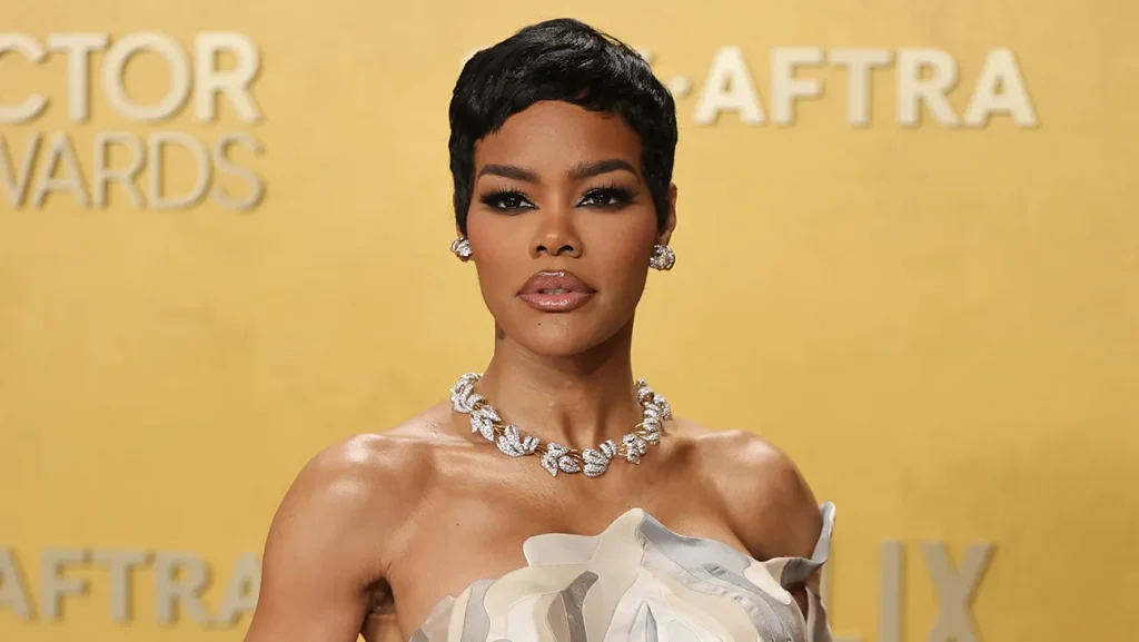 Teyana Taylor wearing a sculptural diamond collier necklace and matching earrings on the Actor Awards red carpet.