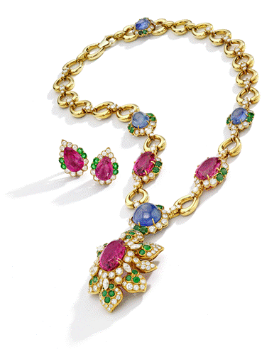Pink Tourmaline, Sapphire, Emerald and Diamond Suite, Van Cleef & Arpels from the Collection of Nelson & Happy Rockefeller