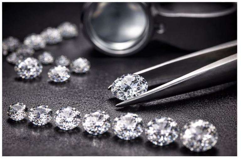 round diamond on digital scale with tweezers and loupe showing precise diamond weight measurement