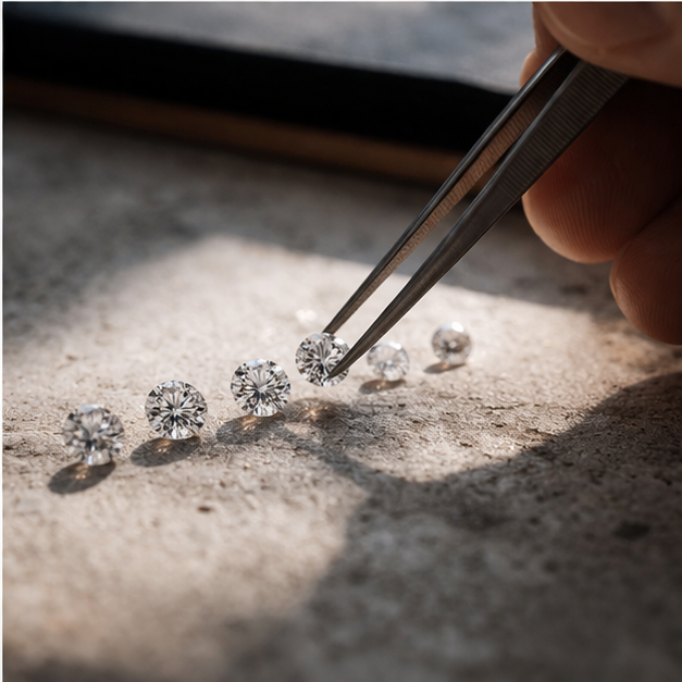 row of diamonds arranged for comparison with jewellers tools