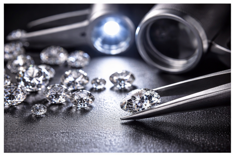 round diamond held in tweezers over grading document with jewellers loupe for diamond evaluation