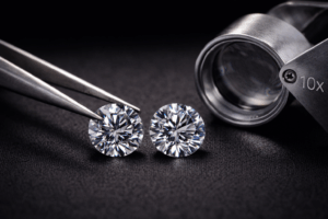 lab grown vs natural diamond comparison with two round diamonds and jewellers loupe