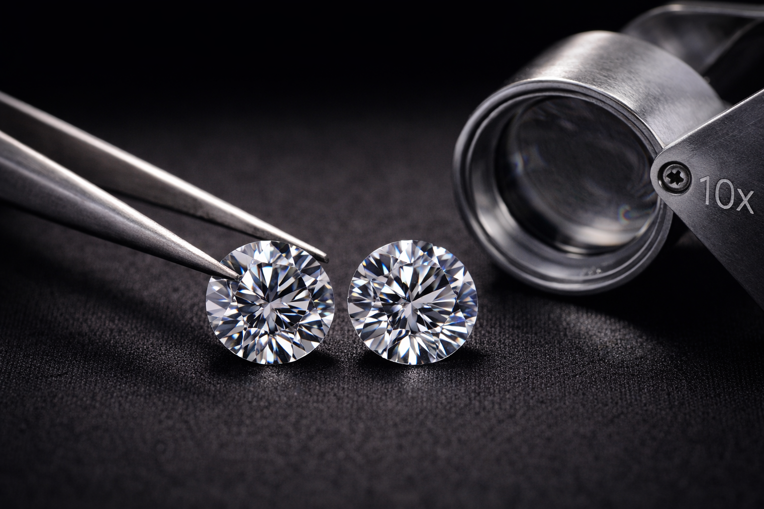 lab grown vs natural diamond comparison with two round diamonds and jewellers loupe