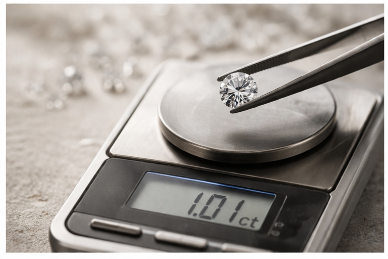 single diamond held in tweezers above scale in clean setting