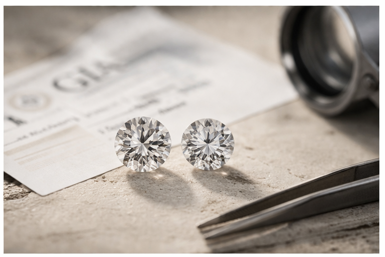 two round diamonds placed side by side for comparison on light surface