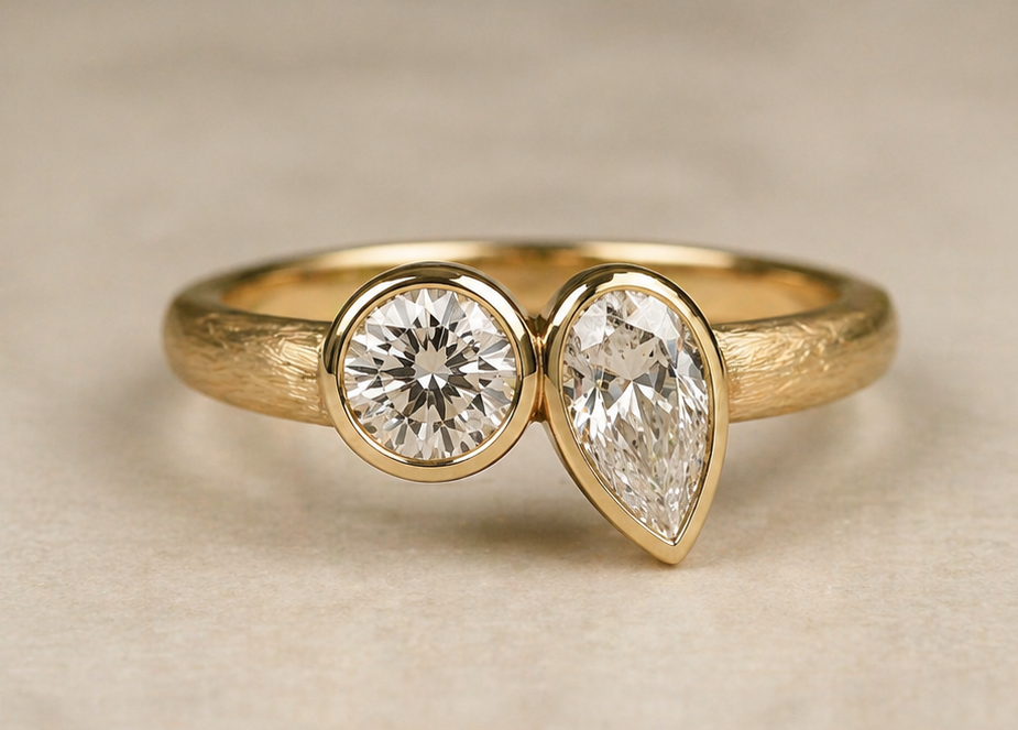 Render of a toi et moi engagement ring in yellow gold